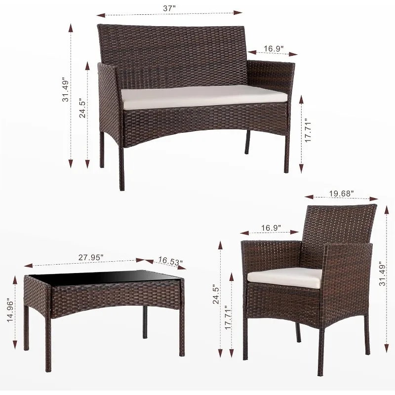 4Piece Outdoor Patio Furniture Sets, Small Wicker Patio Conversation Furniture Rattan Chair Set with Tempered Glass Coffee Table