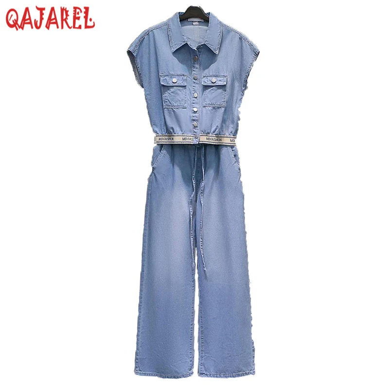 2024 Summer New Blue Denim Polo Collar Top Coat+Blue Pants Two Piece Set Women Korean Elegant Bodycon Casual Two Piece Pant Sets