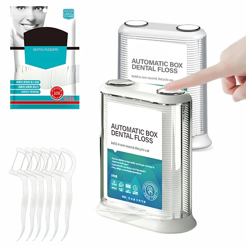 Soporte automático para hilo dental, organizador de hilo portátil de viaje, palo de hilo de plástico desechable, hilo dental de fibra de polietileno, cuidado bucal