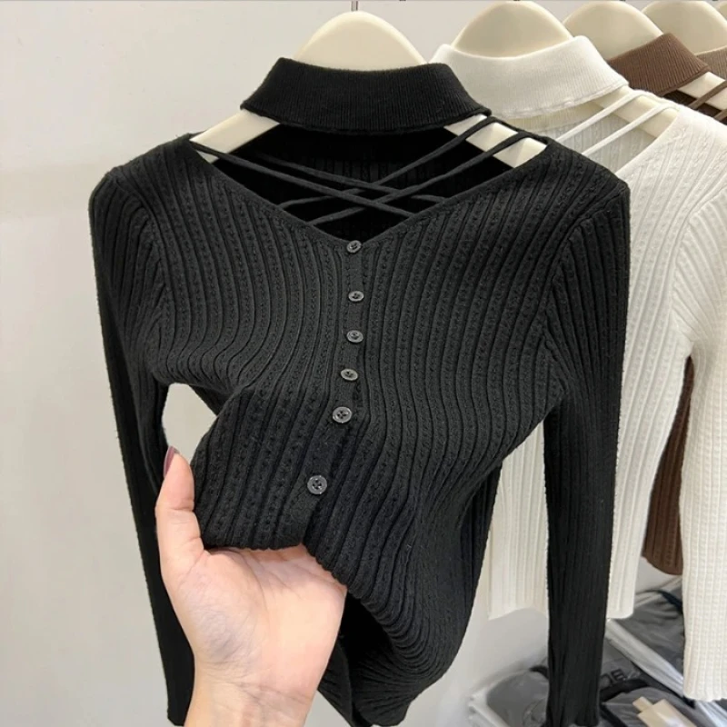 

Sexy Hallow Out Halter Knitted Top For Women 2023 Autumn Solid Base Long Sleeve Bottoming Sweater Shirt