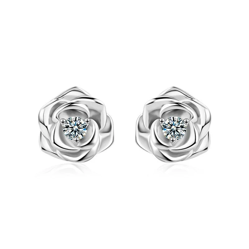 ZFSILVER Fashion 925 Silver Moissanite Classic Trendy Design Rose Flower Earring For Charm Women Accessories Jewelry Gift XEZ066