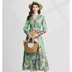 Spring Holiday Print Long Dress For Women's Rhinestone V-Neck Lantern Sleeve Floral Print Party Robe Female Pleated Clothes