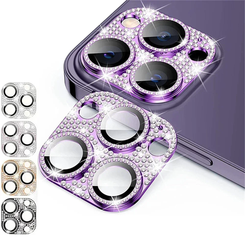 Diamond Camera Lens Protector For IPhone 16 17 15 14 Pro Max Plus 13 12Mini Metal Ring Lens Tempered Glass For IPhone 17