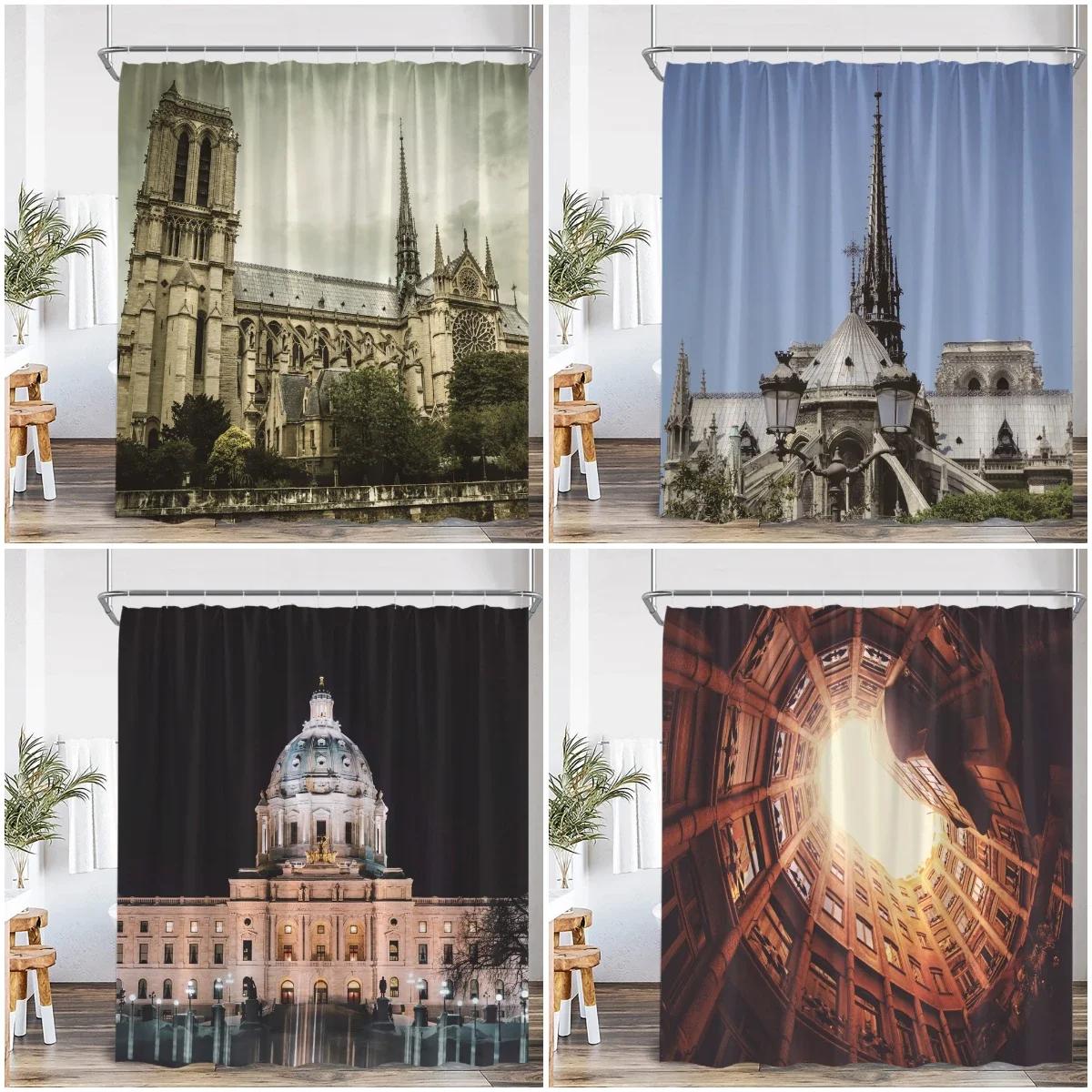 Vintage Castle European Shower Curtain Architecture Cathedral Bathroom Decorations Europe Polyester Bath Curtains with Hooks