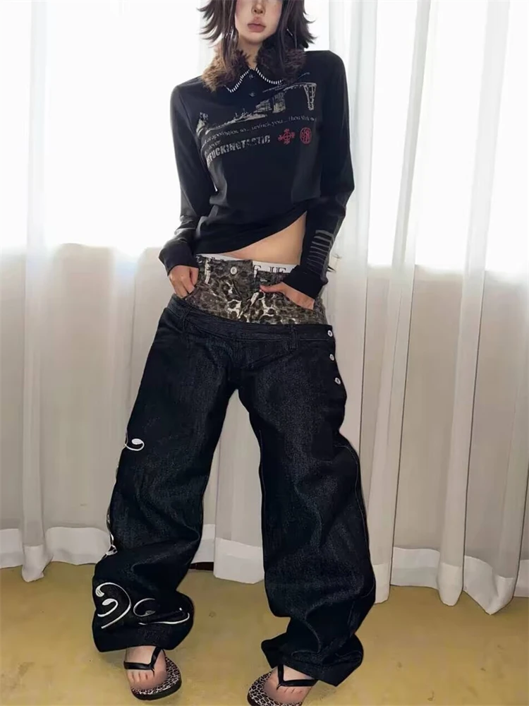 Women's Leopard Print Patchwork Design Jeans Street Unisex Sweatpants Casual Pants Wide Leg Bottoms Female High Waist Trousers