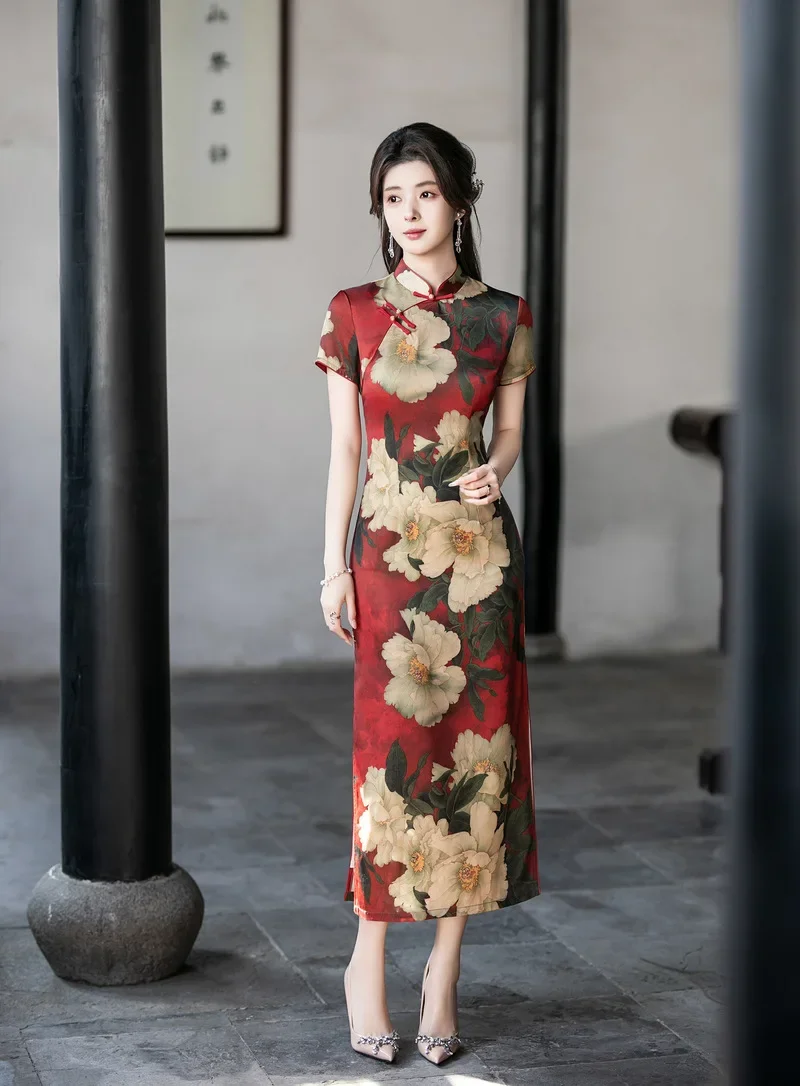 

Весенний стиль 2021, традиционное простое длинное платье Cheongsam большого размера для похудения, модное платье для банкетного шоу Qipao