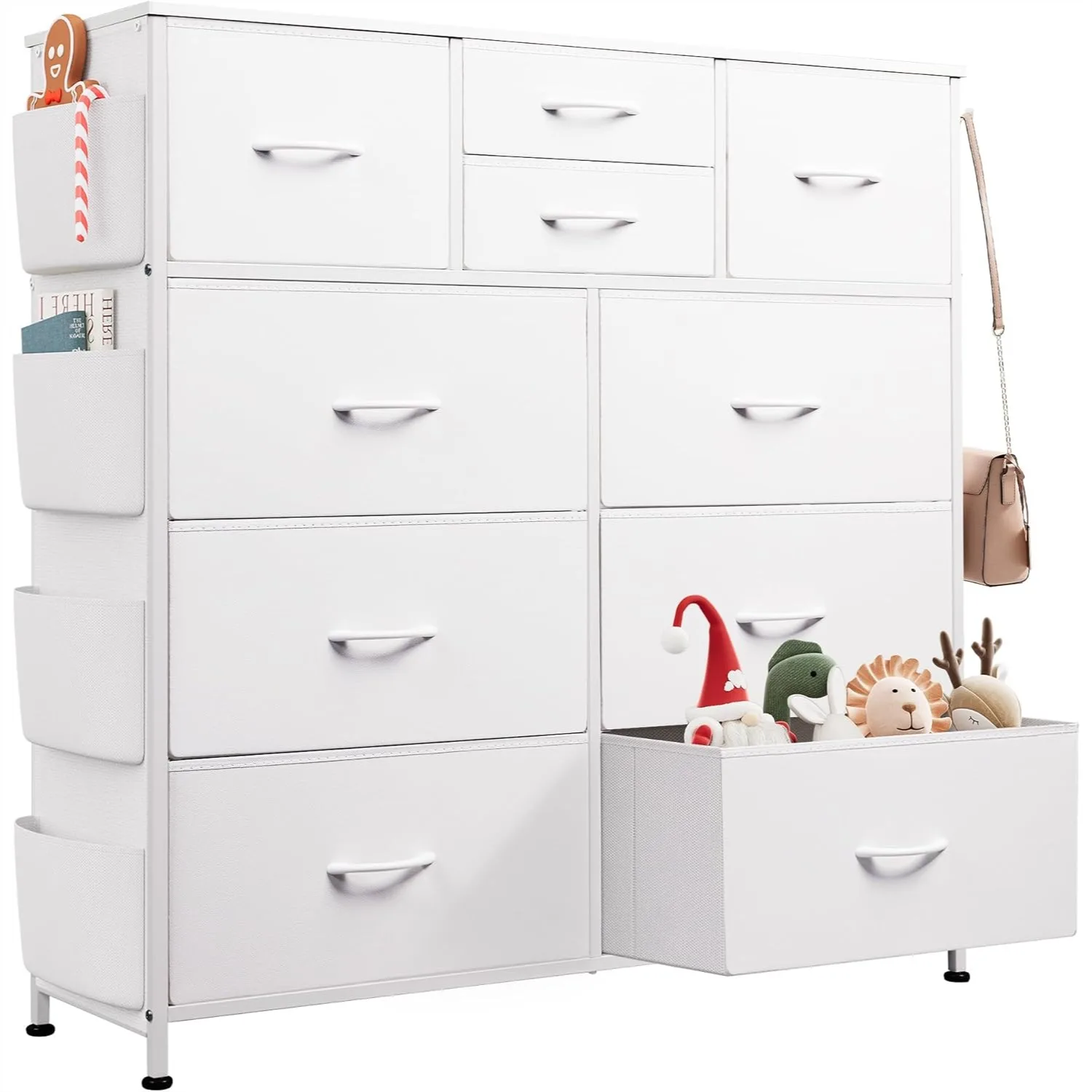 

White Dresser for Bedroom with 10 Drawers, Chest of Drawers with Side Pockets and Hooks, PU Storage Dresser, Sturdy Metal Frame