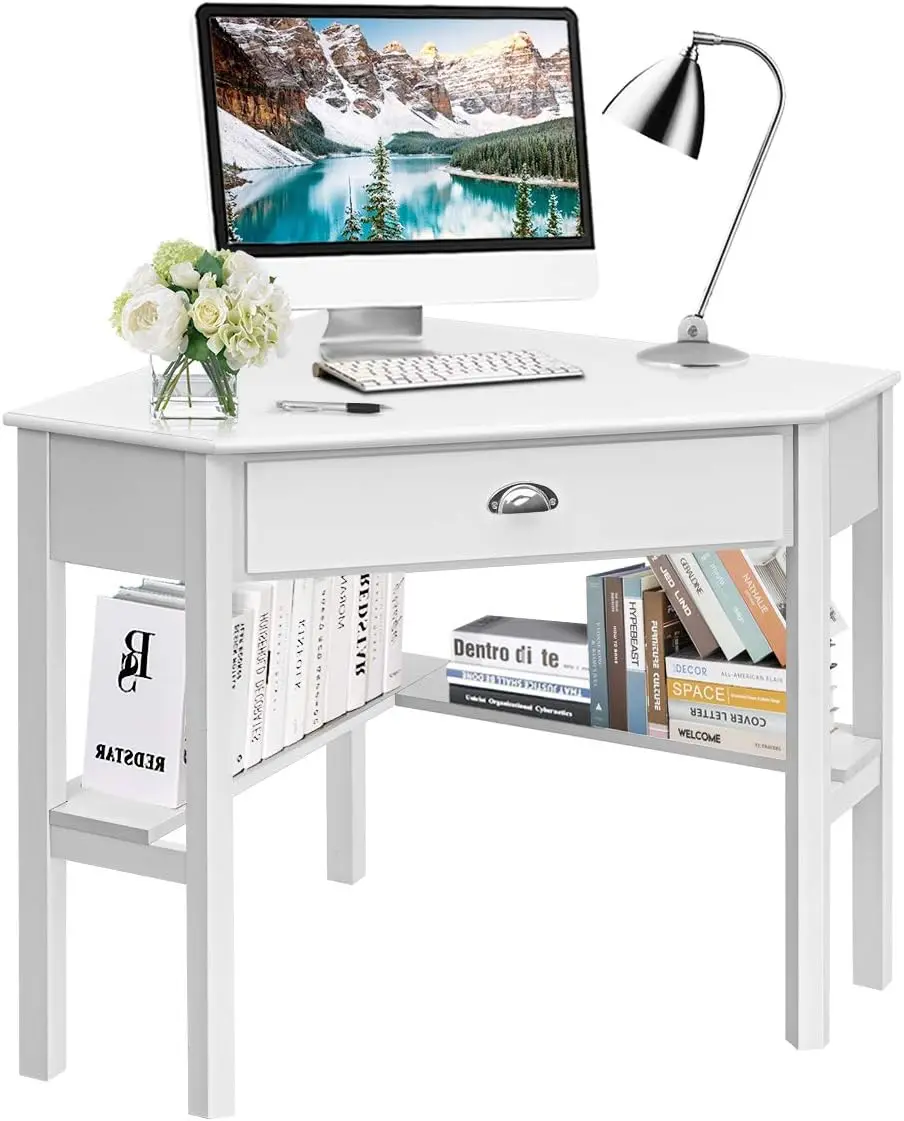 White Corner Desk with Drawer, Storage Shelves for Computer, Makeup Vanity Desk for Small Space, 90 Degrees Triangle De