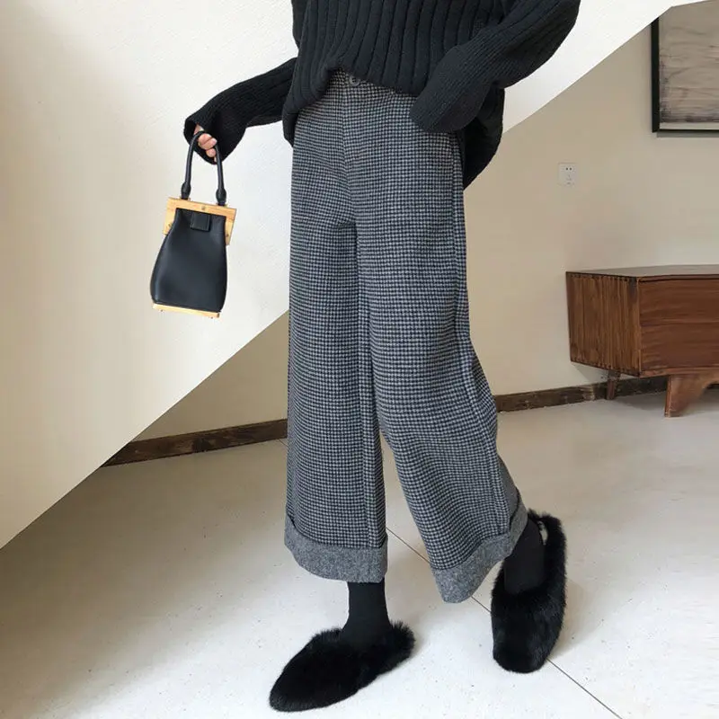 

Woolen High-Grade Wide-Leg Pants Tweed Straight Pants 2024 Autumn/Winter New Women' S Pants Loose Casual Thickened Cropped Pants