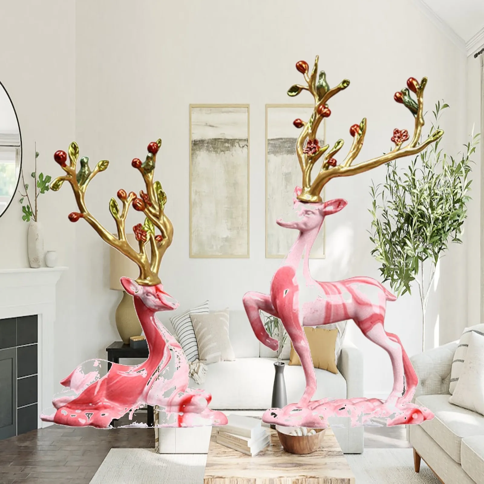 2 Pieces Deer Ornaments Reindeer Statue Farmhouse Decor Collection Modern Sitting Standing for Office Indoor Living Room