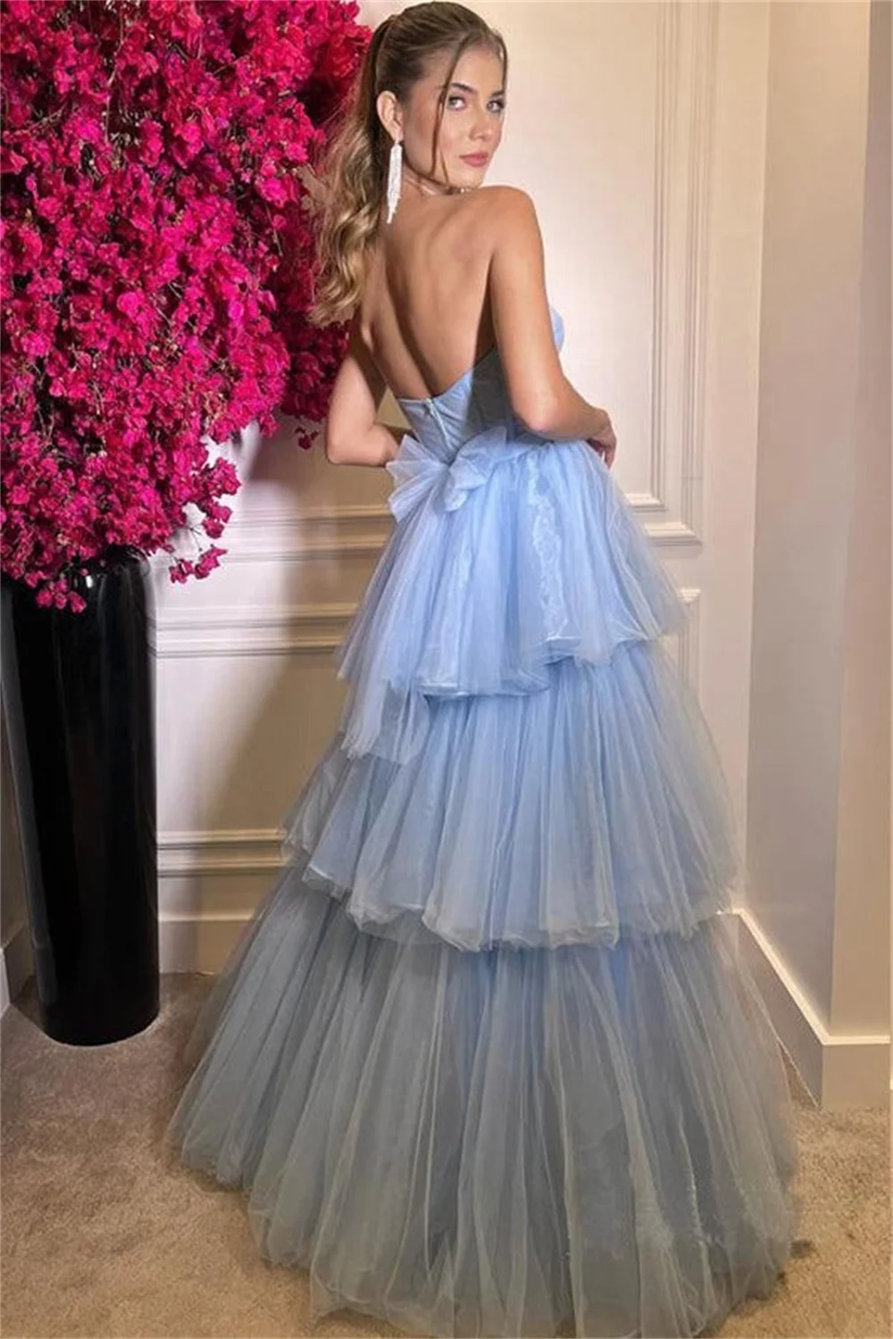 Sansa Light Blue Prom Dress Pleated A-line Vestidos De Noche Elegant Sleeveless Backless Floor-Length Formal Evening 2024