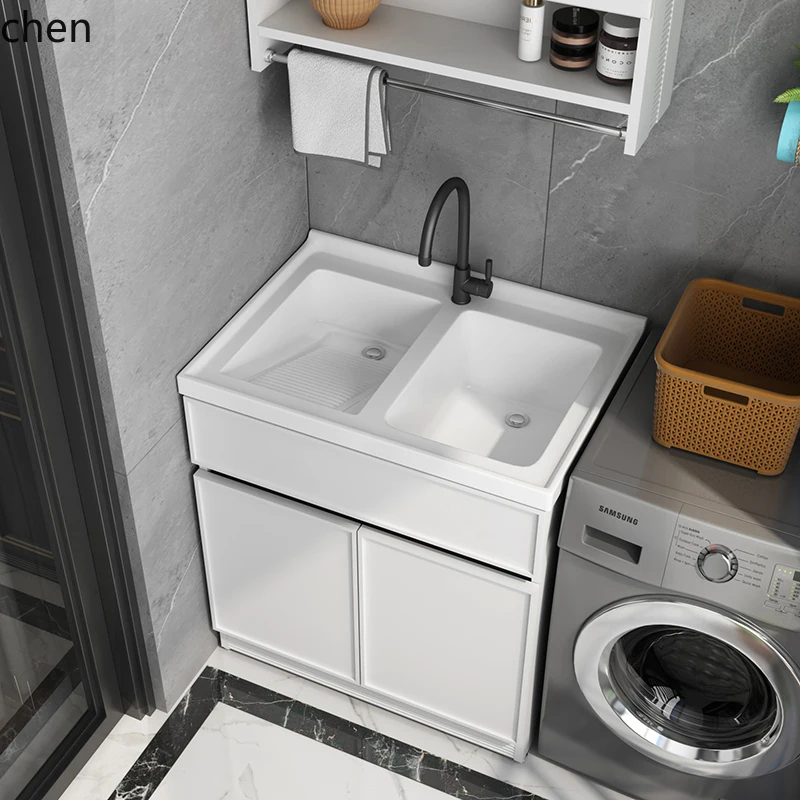 

HTT Space Aluminum Laundry Cabinet Balcony Household Laundry Tub Integrated Laundry Sink Single Cabinet Double Basin