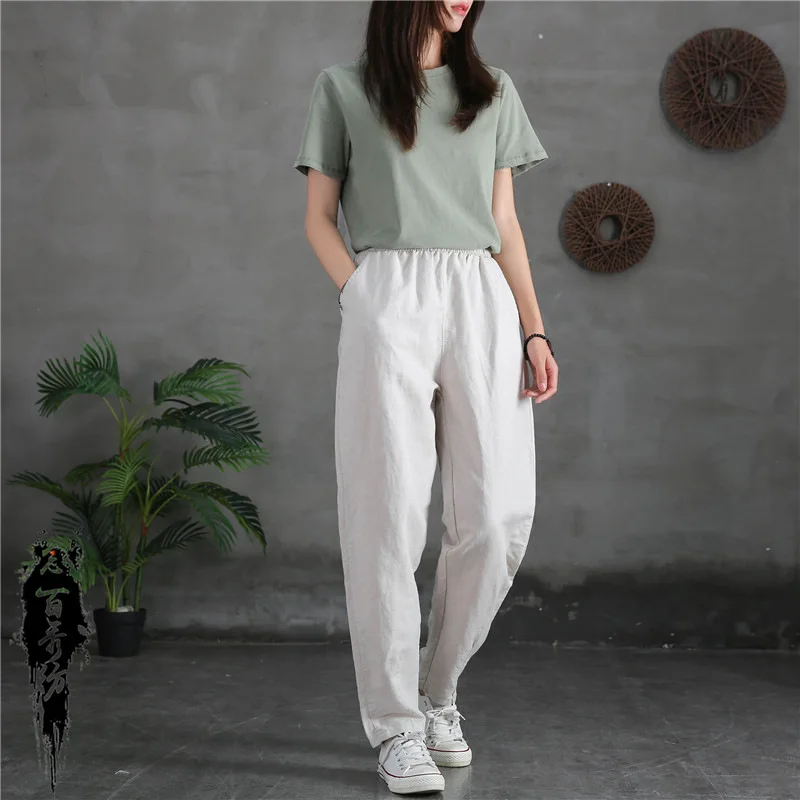 

Spring and Summer Cotton Linen Women's Clothing New Art Improvement Stone Washed Soft Trousers Casual Pants