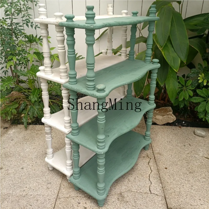 

FG villa courtyard antique solid wood three-layer four-layer frame balcony wood multi-layer storage frame