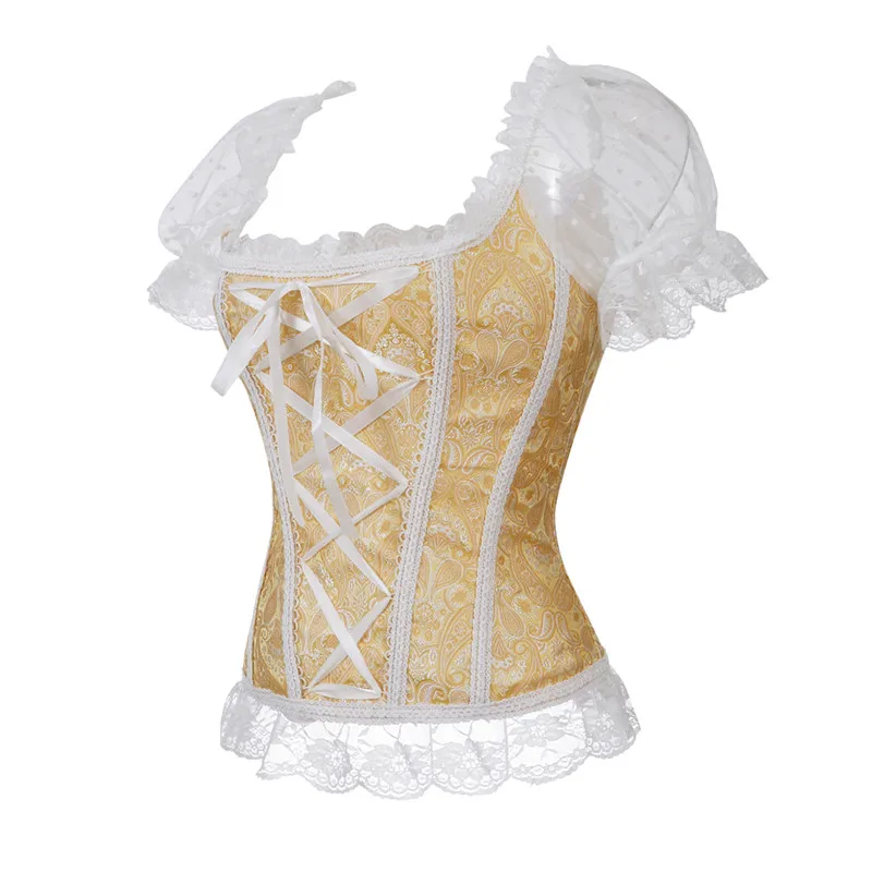 Sapubonva Corset Top Plus Size Shoulder Straps Bustiers Gothic Lace Sleeved Sexy Bride Halloween Corselet Medieval Black White