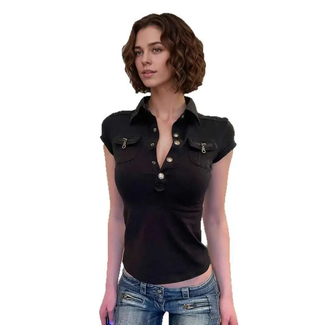 Women Pocket T-shirt American Street Side Pockets Polo Collar Short Casual T-shirt Motorcycle Breasted Workwear Jacket