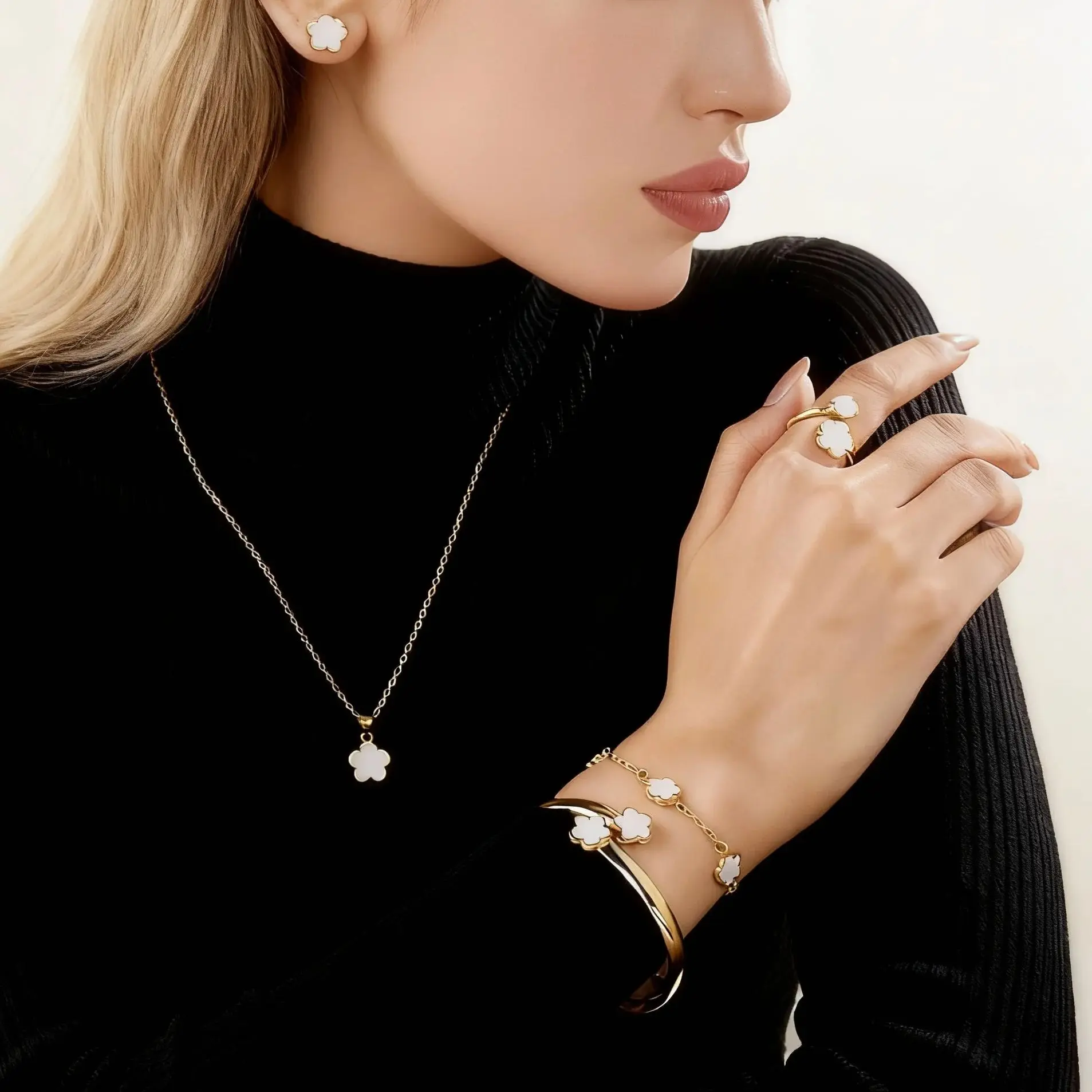 

5Pcs/Set Sweet Cute Plum Blossom Necklace Bracelet for Women Light Luxury Flower Open Bangle Stud Earrings Ring Jewelry Set Gift