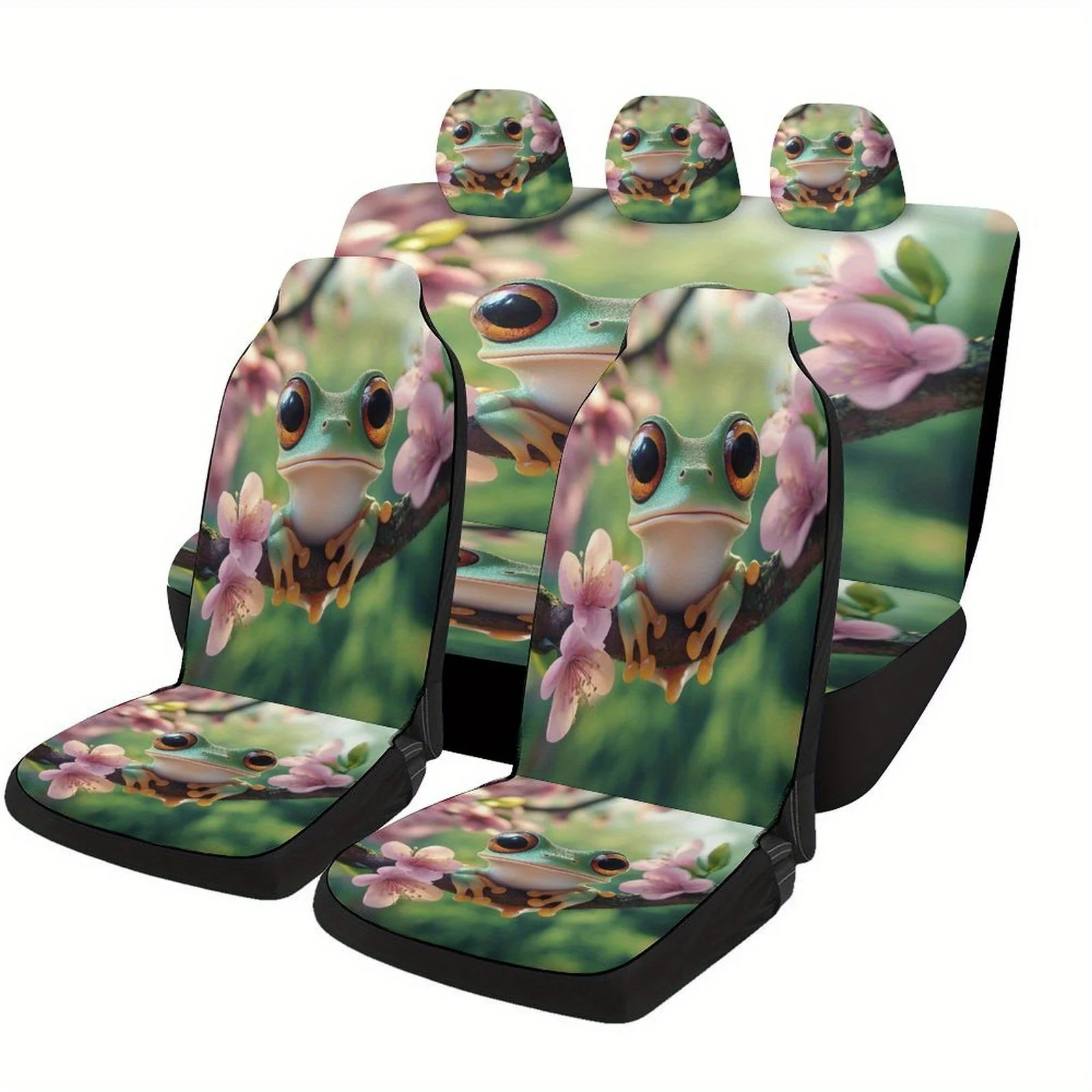 Spring Frog & Cherry Blossom Car Seat Cover Set - Vibrant Green & Pink Design With Playful Frogs & Blooming Flowers, Universal F