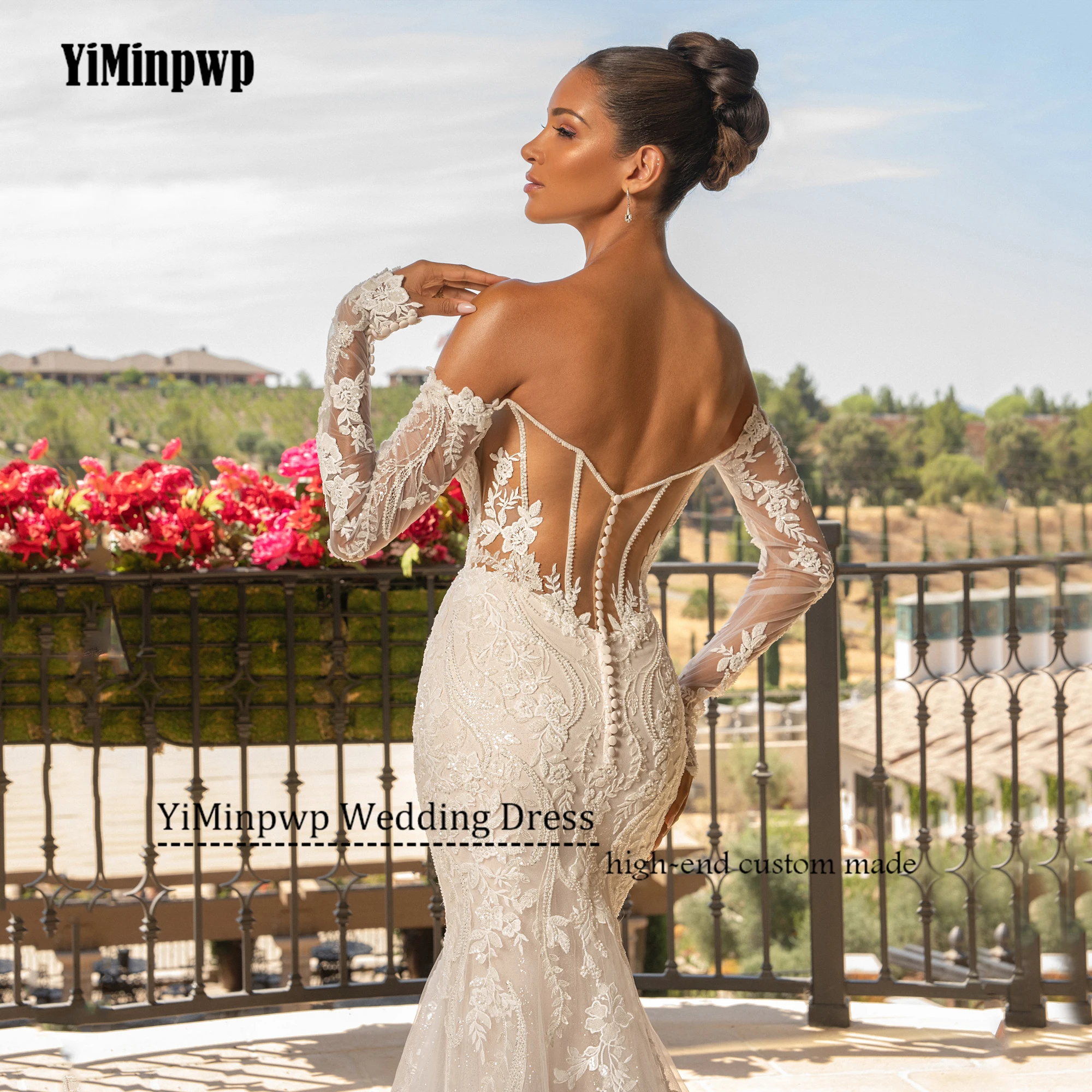 فستان زفاف مثير 2025 مخصص قبالة الكتف كم كامل زين مطرز سويب تراين حورية البحر فستان زفاف بدون ظهر للمرأة