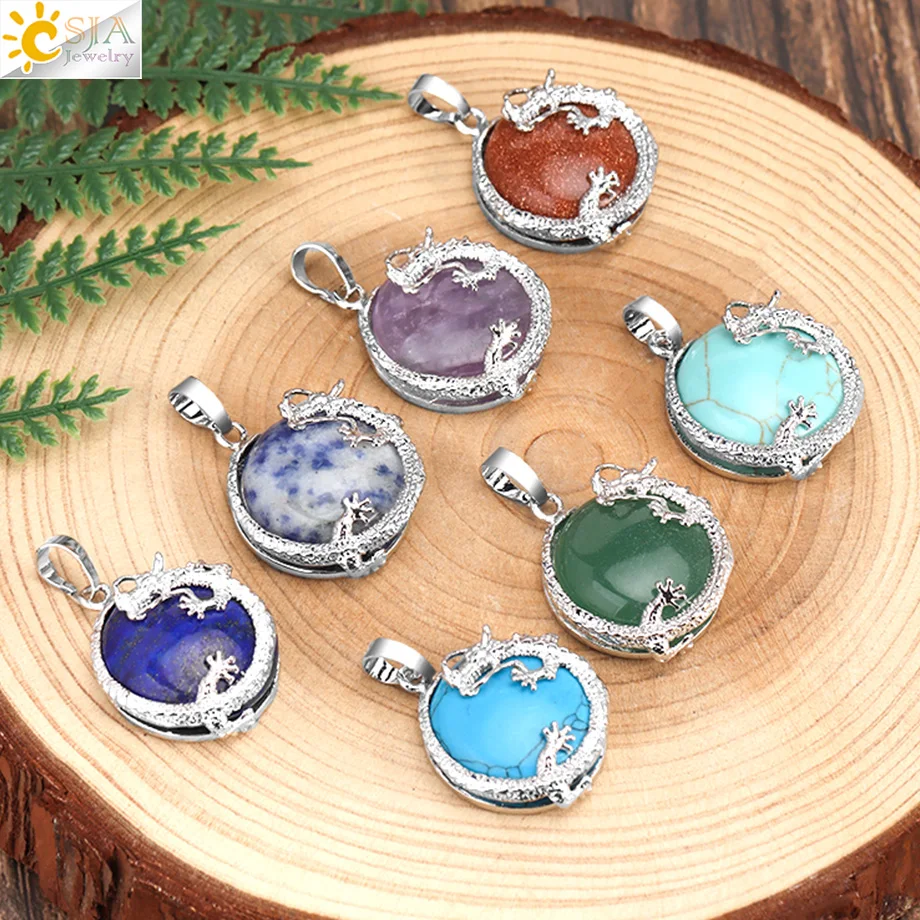 CSJA Natural Stone Pendants for Women Crystal Round Beads Mixed Colors Suitable DIY Handmade Necklace Lucky Healing Jewelry F305