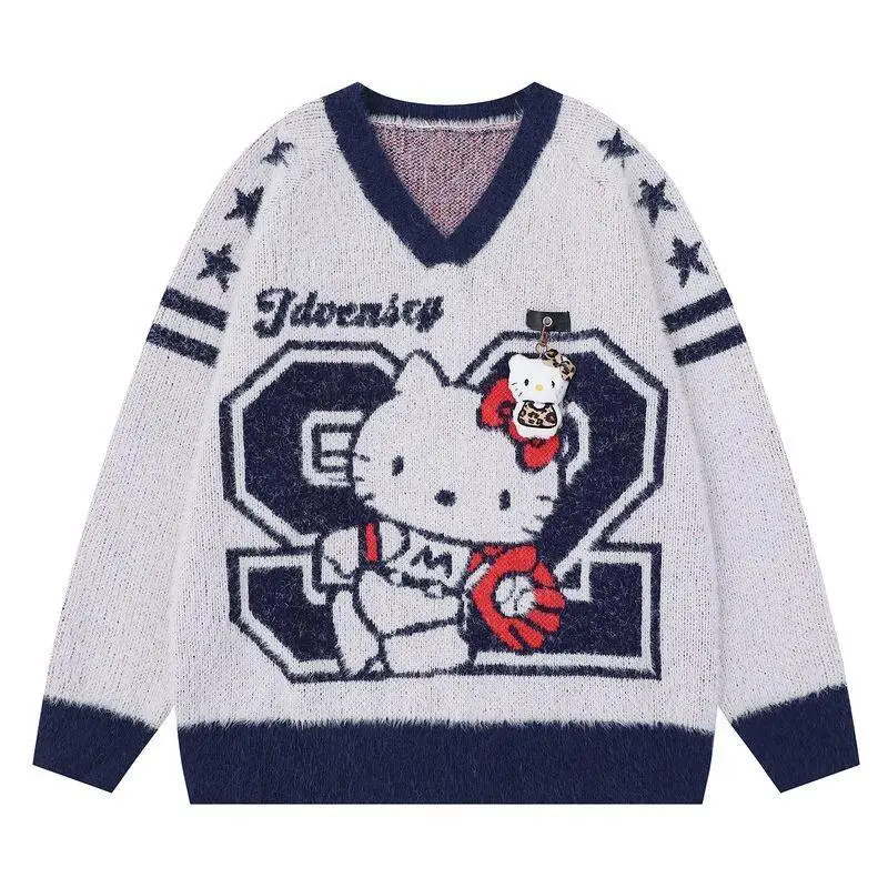 

Женский вязаный мохеровый свитер Sanrio Hello Kitty для мужчин, осенне-зимний, в американском уличном стиле, мягкий, пушистый, жаккардовый, с V-образным вырезом