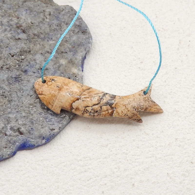 Carved Animal Pendant Natural Stone Picture Jasper Fashion Cute Fish Pendant DIY Jewelry Making 36x10x4mm 2g