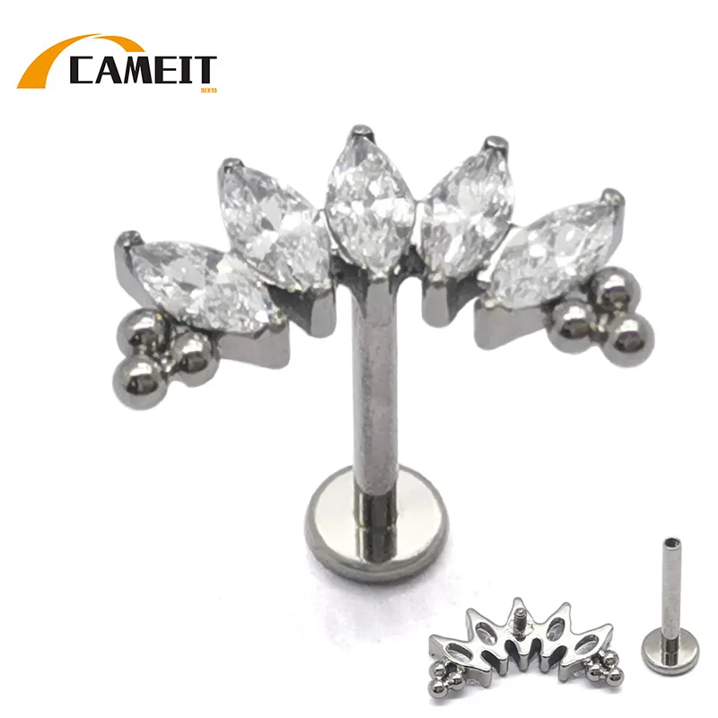 G23 Titanium Marquise CZ Tri-bead Cluster Labret Stud Cartilage Tragus Helix Lip Piercing Hypoallergenic Body Jewelry