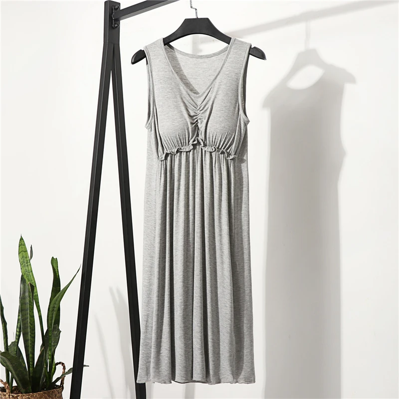 Summer Modal Sleeveless Long Dress Women Nightdress Oversize Elasticity Casual Loose V-neck Camisole Bottoming Dress with Bra