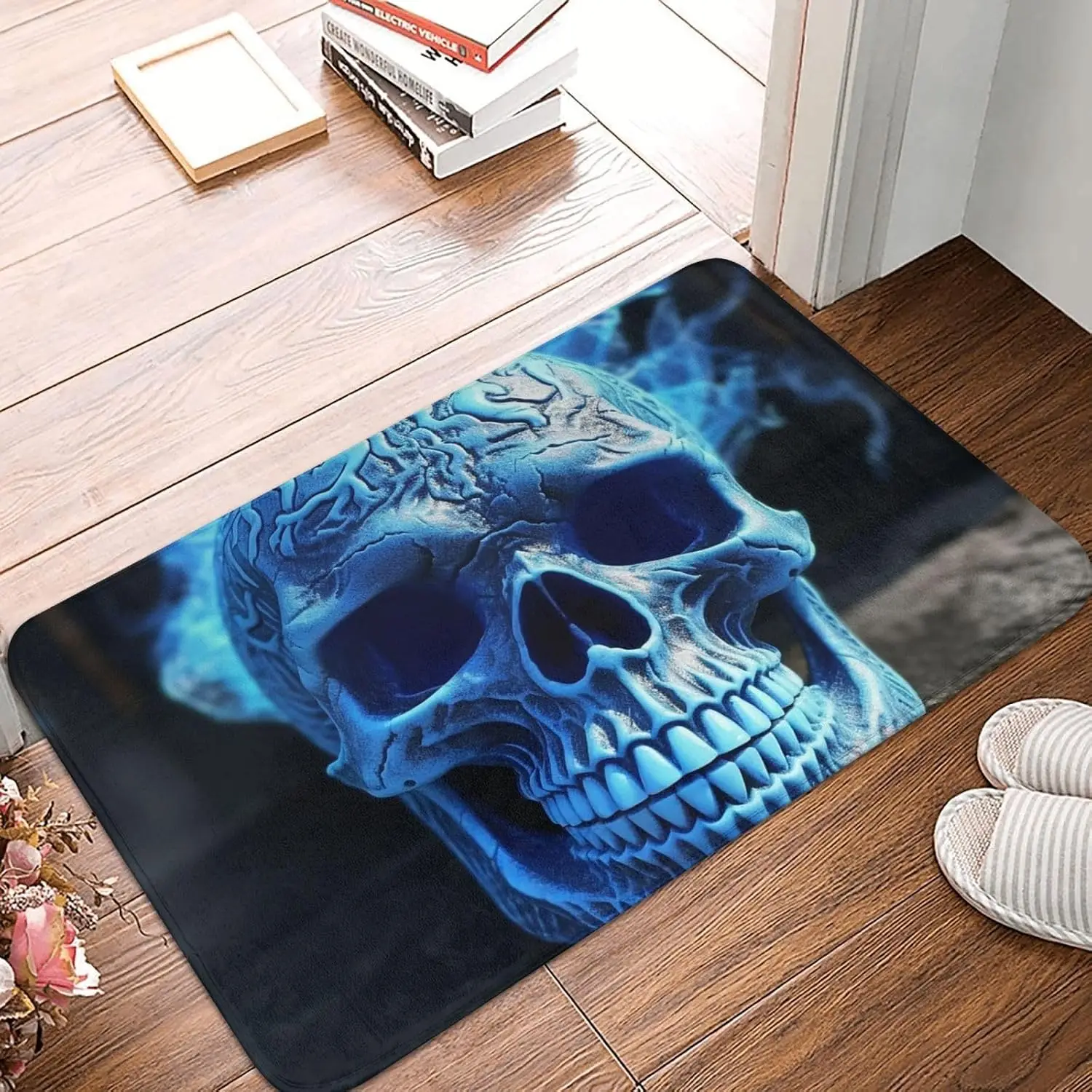 Blue  Skull Door Mat, 3D  Skeleton Head Floor Mat, Non-slip Entrance Rug, Cool Gothic Halloween Home Decor