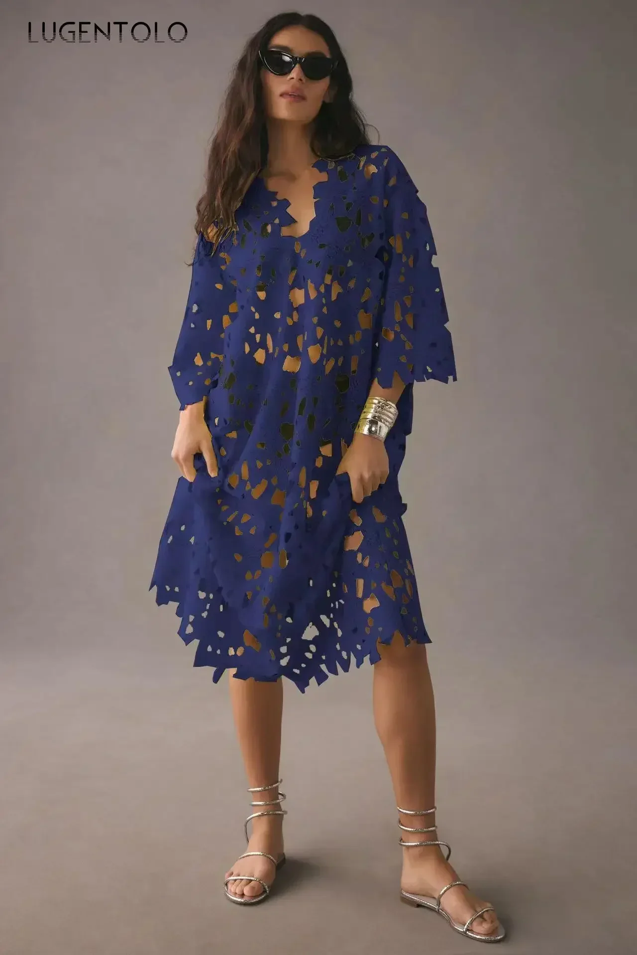 Women Lace Beach Dress New Casual Loose Hollow Out Smock Spring Summer Female Holiday Sexy Pullover Clothing Lugentolo