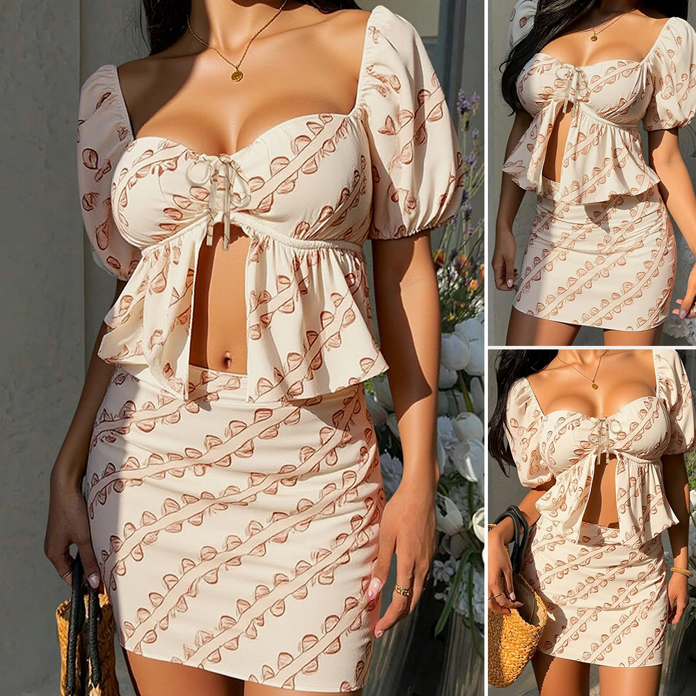 

Mia Muse Boutique Summer Sexy Sets Lace-Up Full Print Puff Sleeve Sweetheart Neck Top Mini Wrap Skirts Vacation Sets for Women