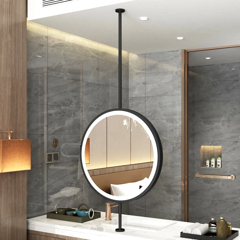 Upper and lower rod boom round mirrors, smart mirrors, B&B bathroom , hotel bathroom , toilet , with lights