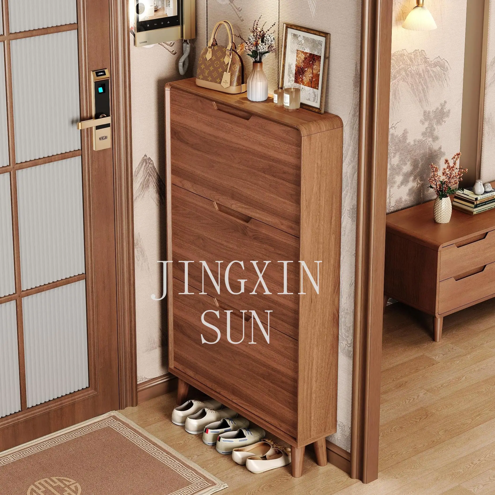 

Новое китайское ультратонкое опрокидывающееся ведро, шкаф для обуви, бытовая дверь, ножки из цельного дерева, простая встроенная полка для обуви