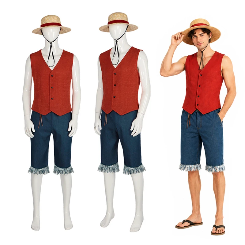 Disfraz de cosplay de Monkey D. Luffy para hombre, conjunto de anime para fiesta de Halloween con chaleco rojo, shorts, sombrero de paja y cuerda 2