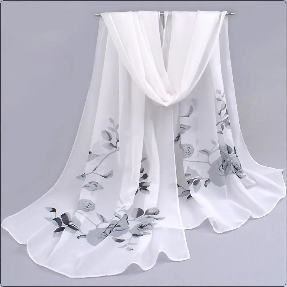 

Trendy Branch Rose Pattern Chiffon Scarf Luxury Design Brand Printed Scarves Spring Summer Scarf For Women Girls