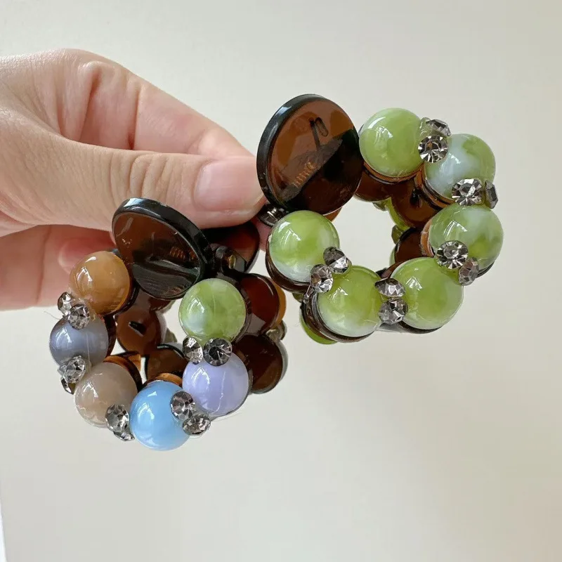 マルチカラーエレガントラインストーンスモールヘアクリップ レディース 韓国風ボールヘッドヘアクロウ ファッションガール バックオブザヘッドポニーテール