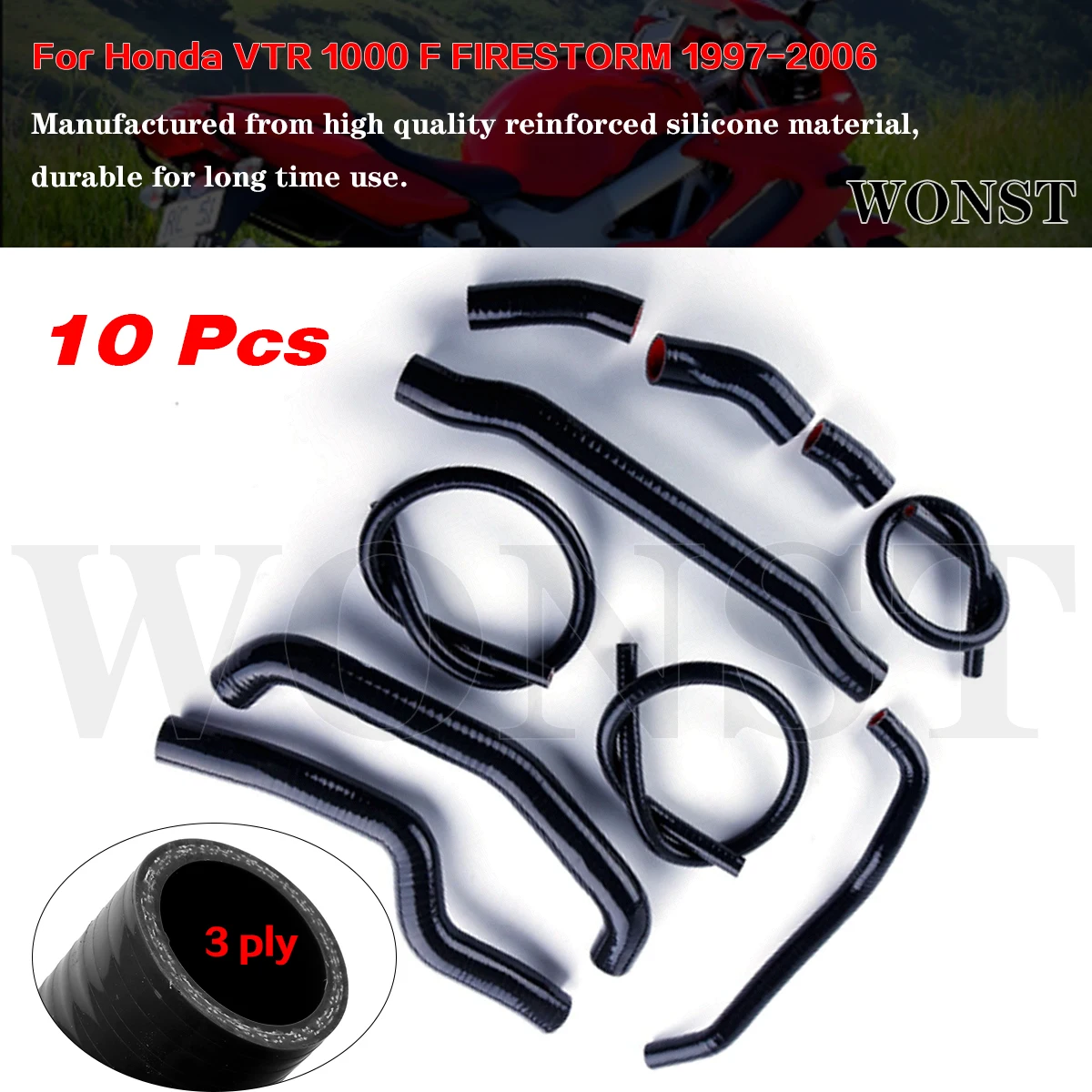 

10 Pcs Black For 1997 - 2006 Honda VTR 1000 F Firestorm Silicone Radiator Coolant Hose Kit 1998 1999 2000 2001 2002 2003 2004 05