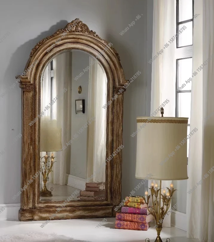 

American retro solid wood carving flower dressing mirror European old floor full body fitting mirror floor storage mirror