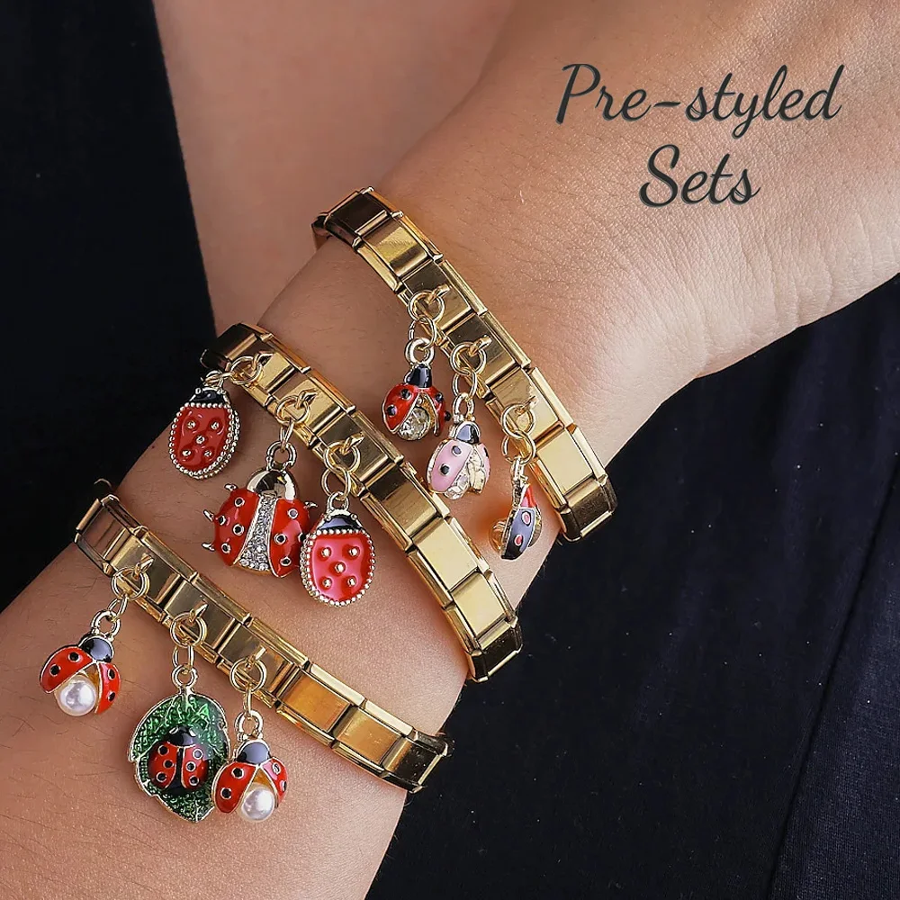 Vintage Insect Series Italian Module Bracelet Links Colorful Ladybug Slide Charms Waterproof Stainless Steel Adjustable Stretch