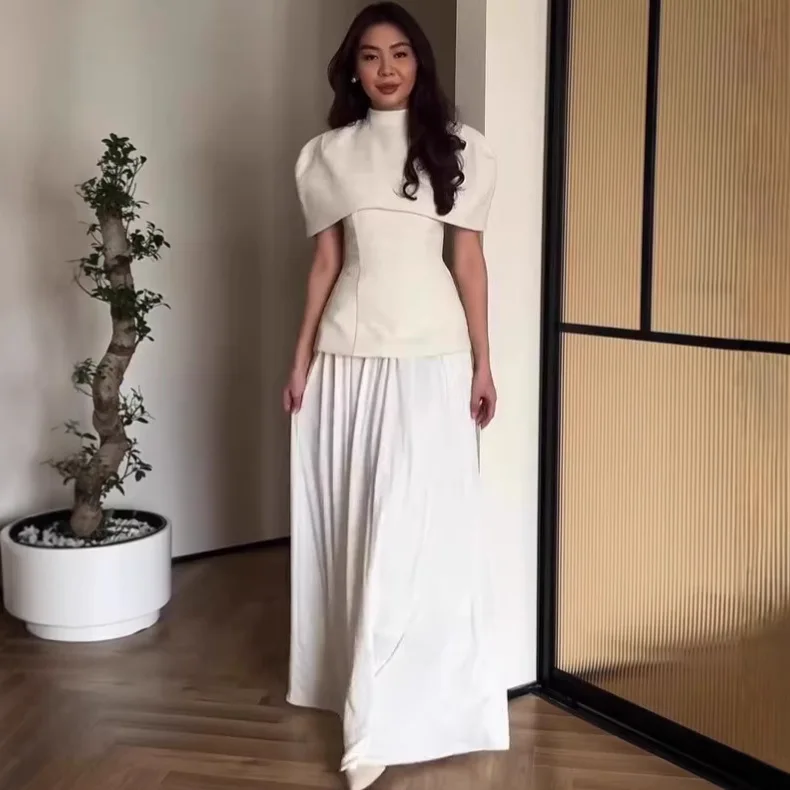 

Elegant Color Blocked Pleated Commute 3 Piece Sets Lady High Waist Long Skirts Set Temperament Tube Tops Vest&Half Skirts Sets