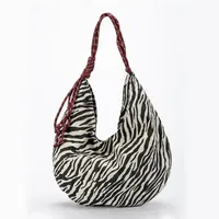 Fashion Large Capacity Zebra Print Canvas Hobo Bag Black White Contrast Shopping Tote Bag Casual Student Commuter Shoulder Bag