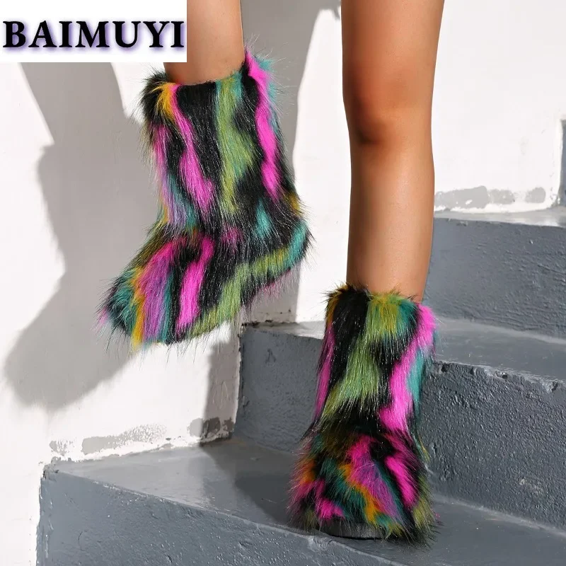 Luxury Furry Women Ankle Snow Boots Flats Platform Fur Warm Shoes Brand Winter 2025 Trend Designer Woman Plush Ankle Botas Mujer