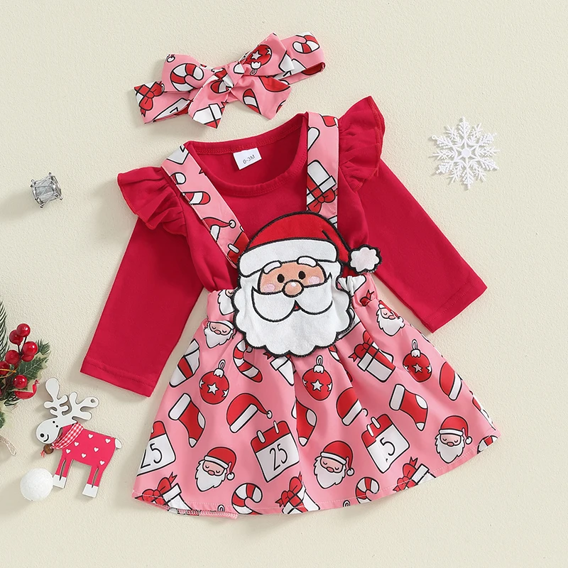 Baby Girls Christmas Outfit Long Sleeve Romper with Gingerbread Man Santa Claus Suspender Dress and Headband 3Pcs Clothes Set