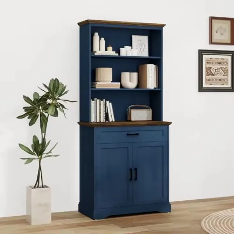 Tall Bookshelf with Drawers, 5-Shelf Blue Bookcase, 15