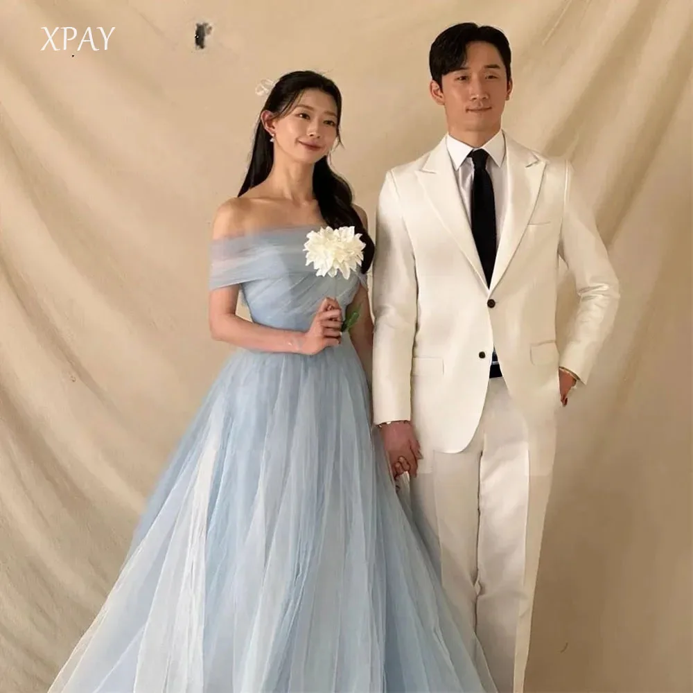 XPAY Soft Blue Strapless Prom Dresses Photo Shoot Detachable Shawl Long Ruched Tulle Korea Wedding Party Dress Customized
