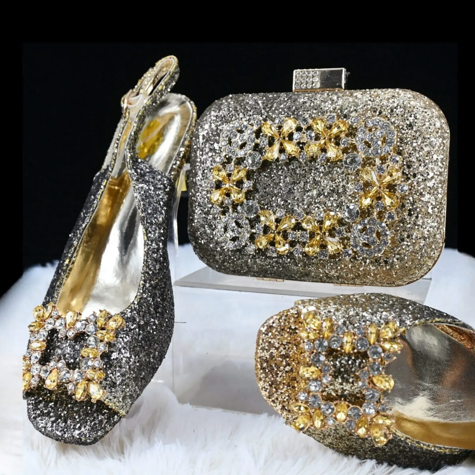

doershow beautiful Italian gold Shoes And Bag Sets For Evening Party With Stones Italian Leather Handbags Match Bags! SG1-1