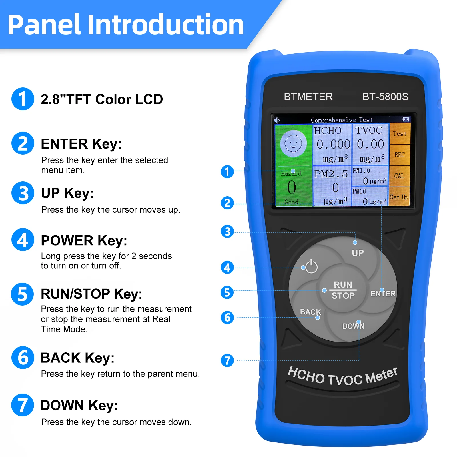 BT-5800S 3 in 1 Air Quality Monitor, Formaldehyde Detector to Test PM2.5, PM10, HCHO, TVOC, USB Rechargeable for Indoor, Outdoor