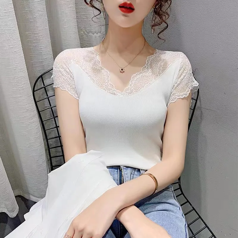 Sexy Lace Patchwork V-neck Tank Top 2023 Summer Women Casual Short Sleeve White Vest Y2k Fashion All-match Backless Bustier Tops