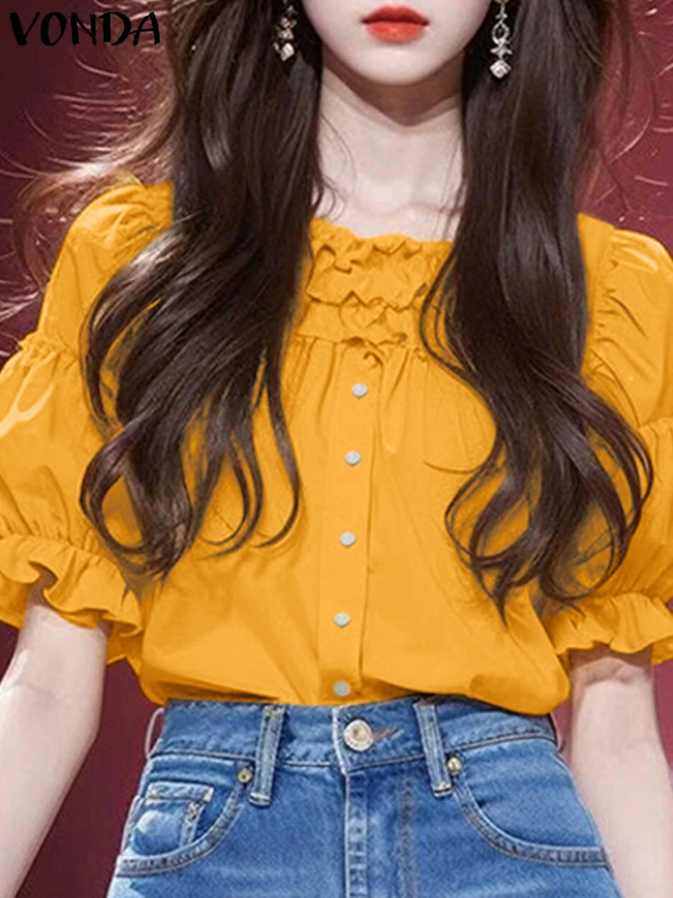 VONDA femmes chemisier à volants décontracté manches bouffantes élégant bureau hauts 2025 femme col rond chemises travail couleur unie Blusas Chemise
