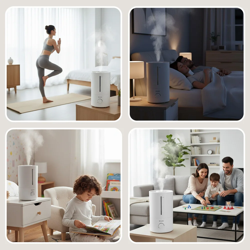 مرطب هواء ROUNY، مرطب بالموجات فوق الصوتية بسعة كبيرة 4 لتر مع حماية منخفضة للمياه، 360 درجة °   وهادئ وخالي من مادة BPA، أبيض